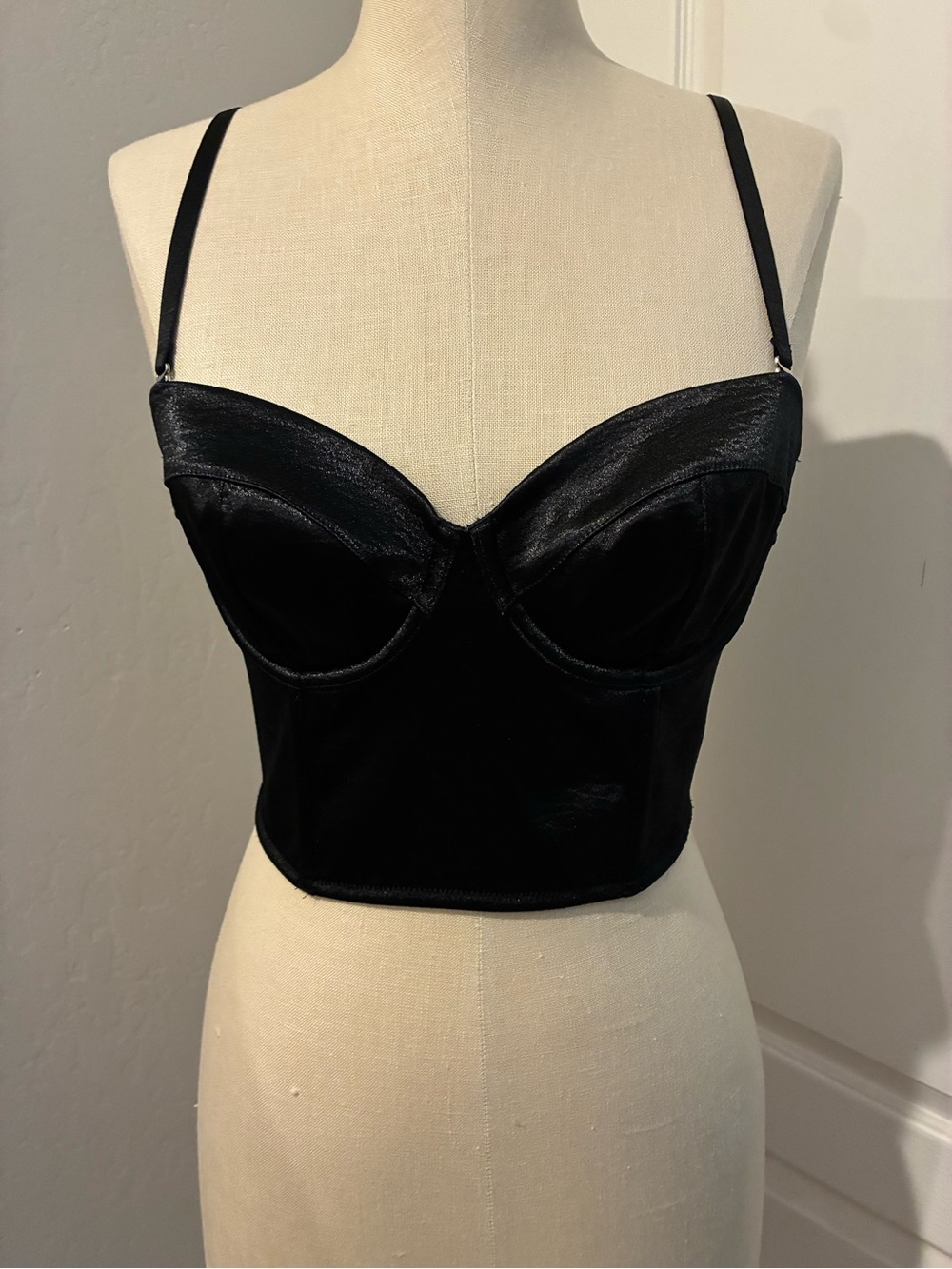 Victoria's Secret Black Satin Longline Bustier Crop Top -size 34C
